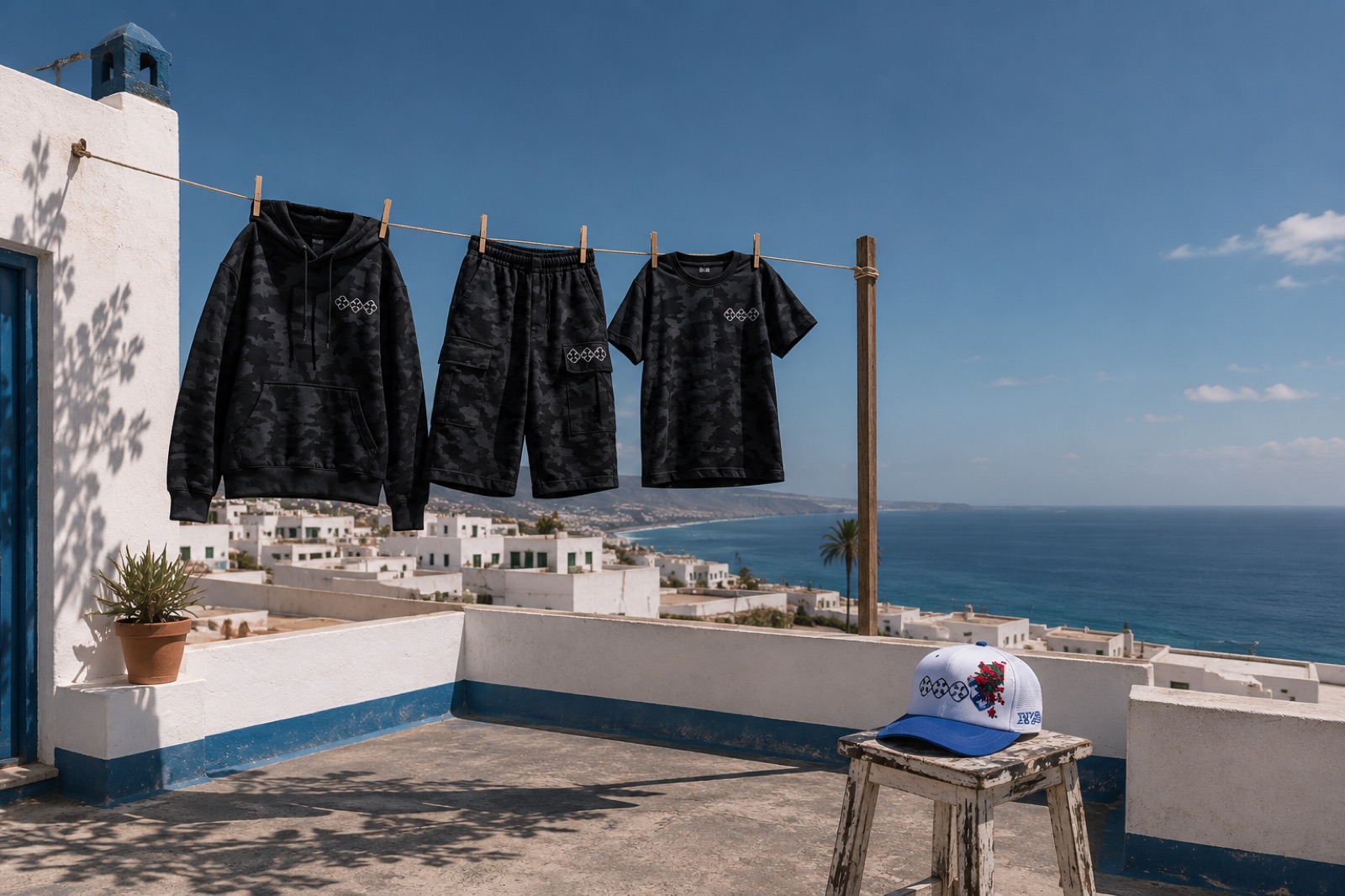Cápsula YYS — camuflaje isleño tendido en una azotea canaria frente al Atlántico